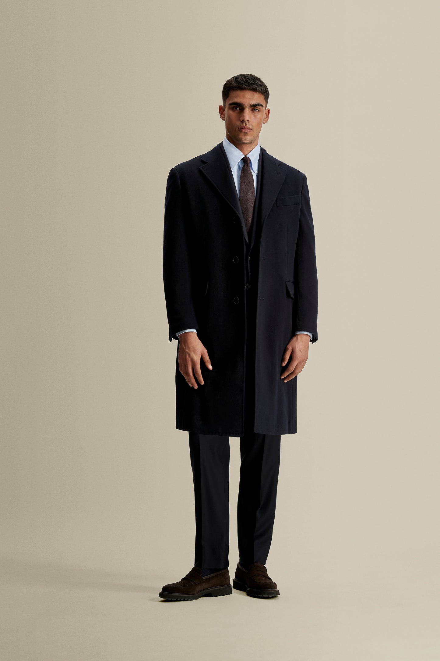 Single Breasted Wool Cashmere Overcoat Navy Model Image