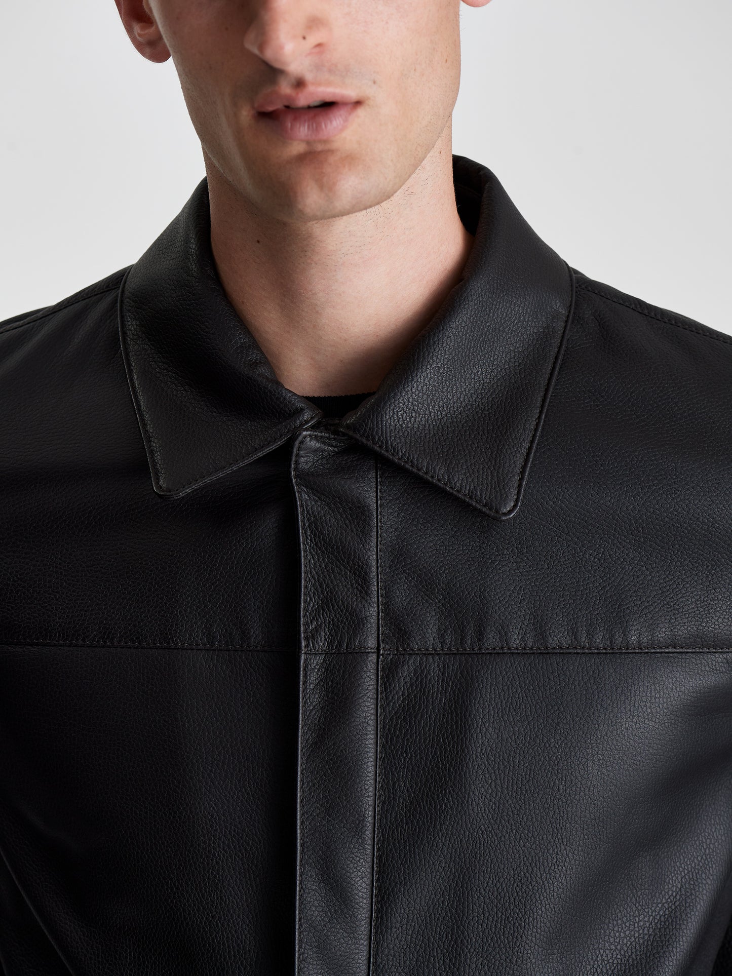 Leather Shirt Collar Bomber Jacket Brown Detail Model Image