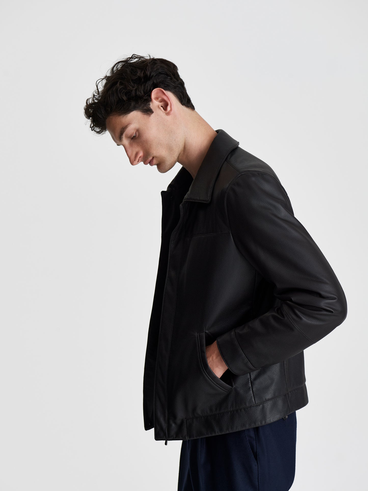 Leather Shirt Collar Bomber Jacket Brown Cropped Model Image