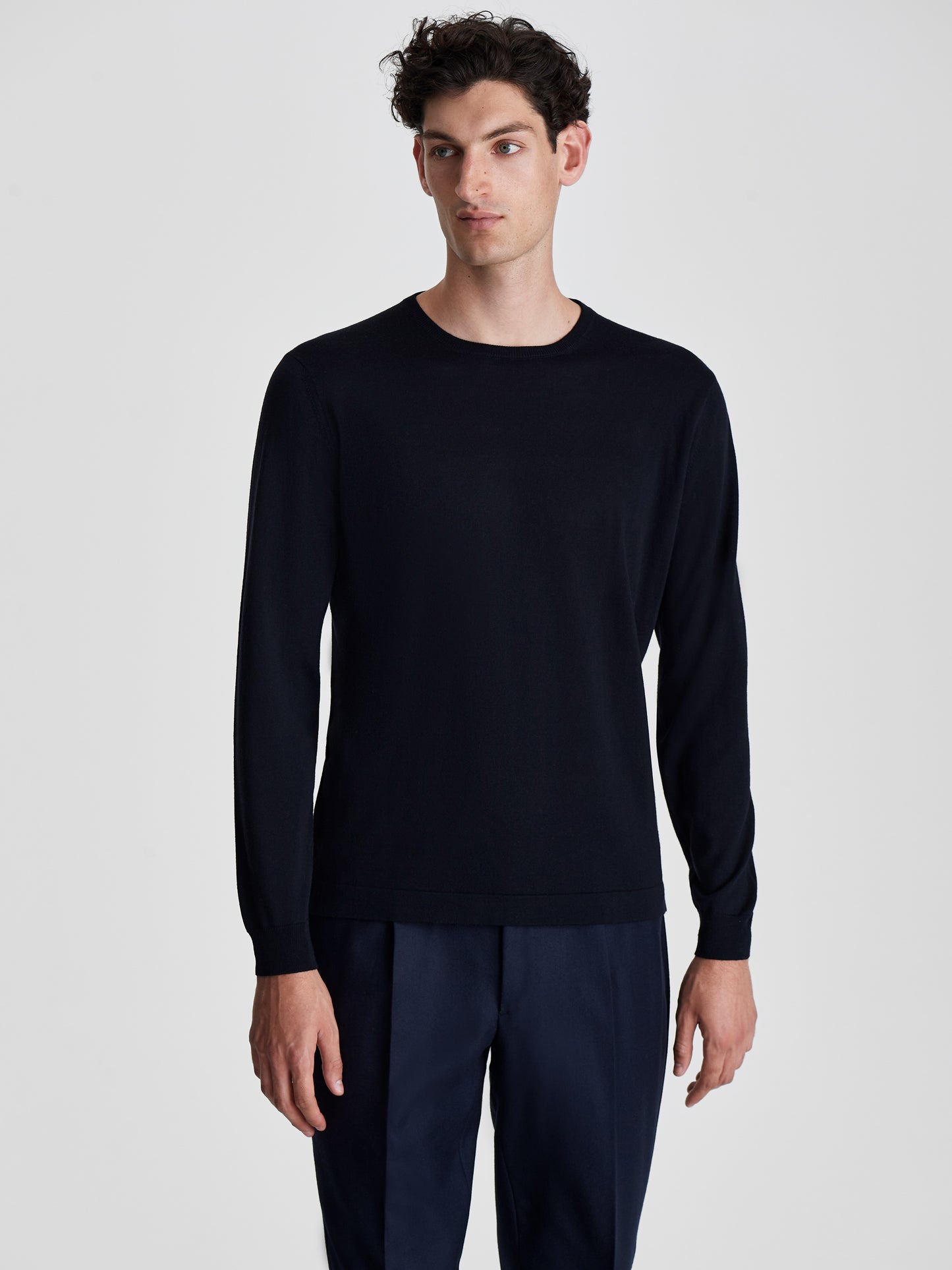 Merino Wool Extrafine Crew Neck Sweater Navy Cropped Model Image