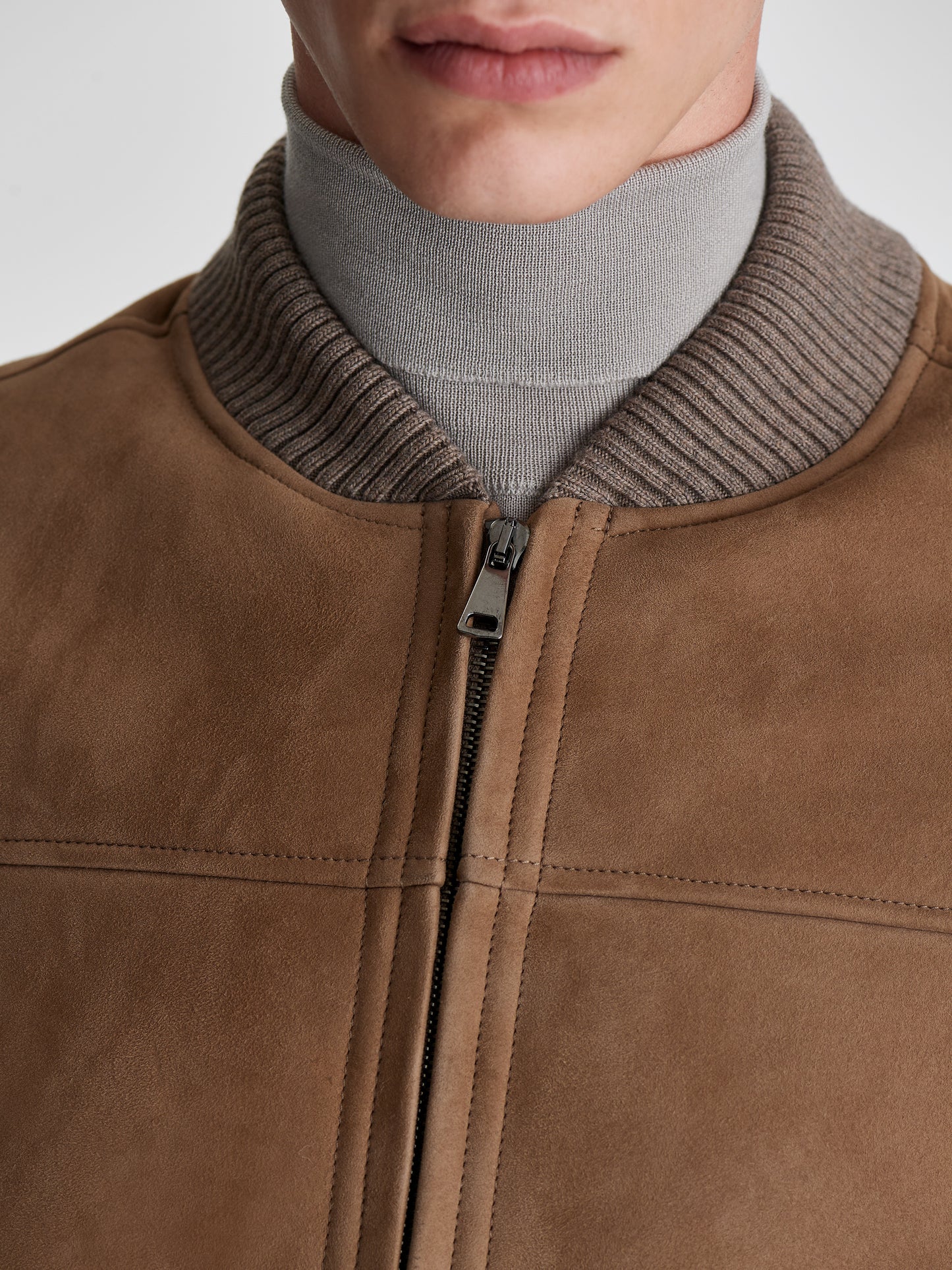 Suede Shearling Baseball Bomber Jacket Brown Detail Model Image