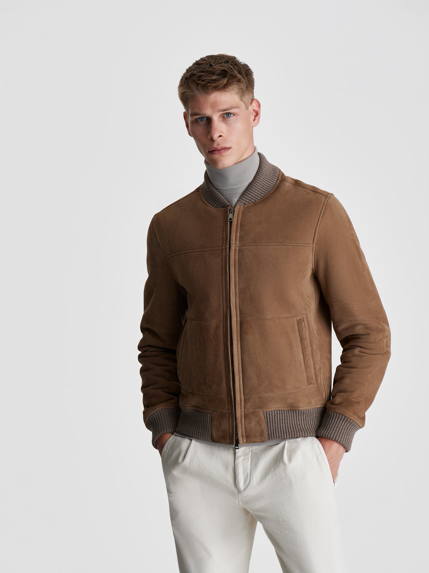 Suede Shearling Baseball Bomber Jacket Brown Cropped Model Image