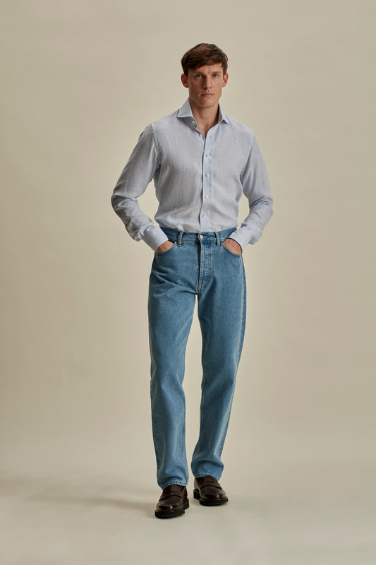 Linen Striped Cutaway Collar Shirt Blue Stripe Full Length  Model Image