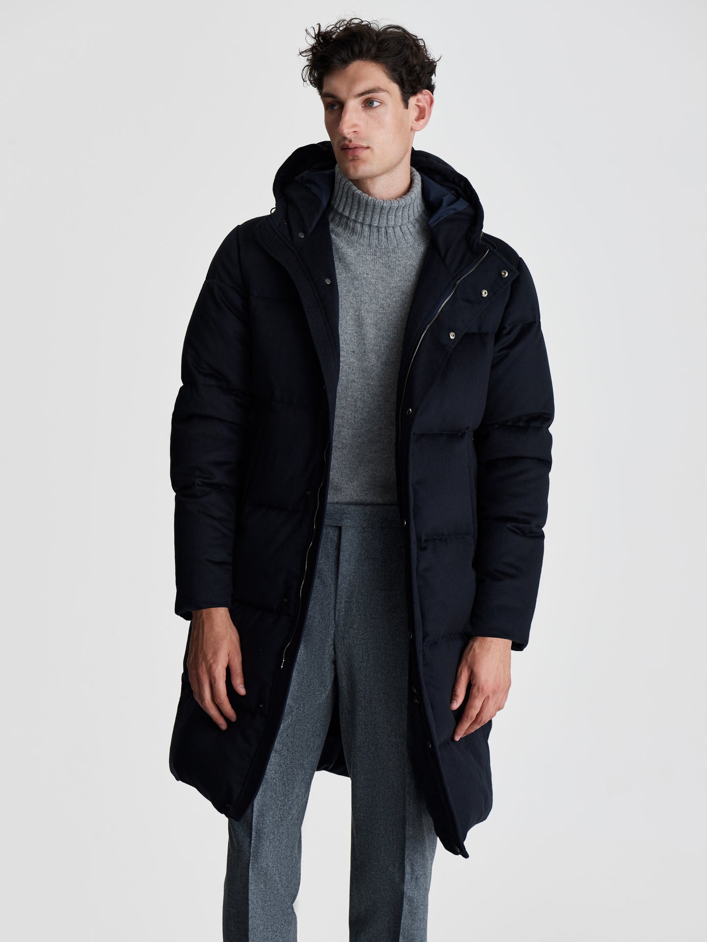 Cashmere Quilted Long Parka Navy Cropped Model Image