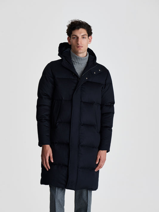 Cashmere Quilted Long Parka Navy Cropped Model Image