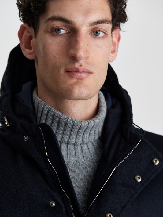 Cashmere Quilted Long Parka Navy Detail Model Image