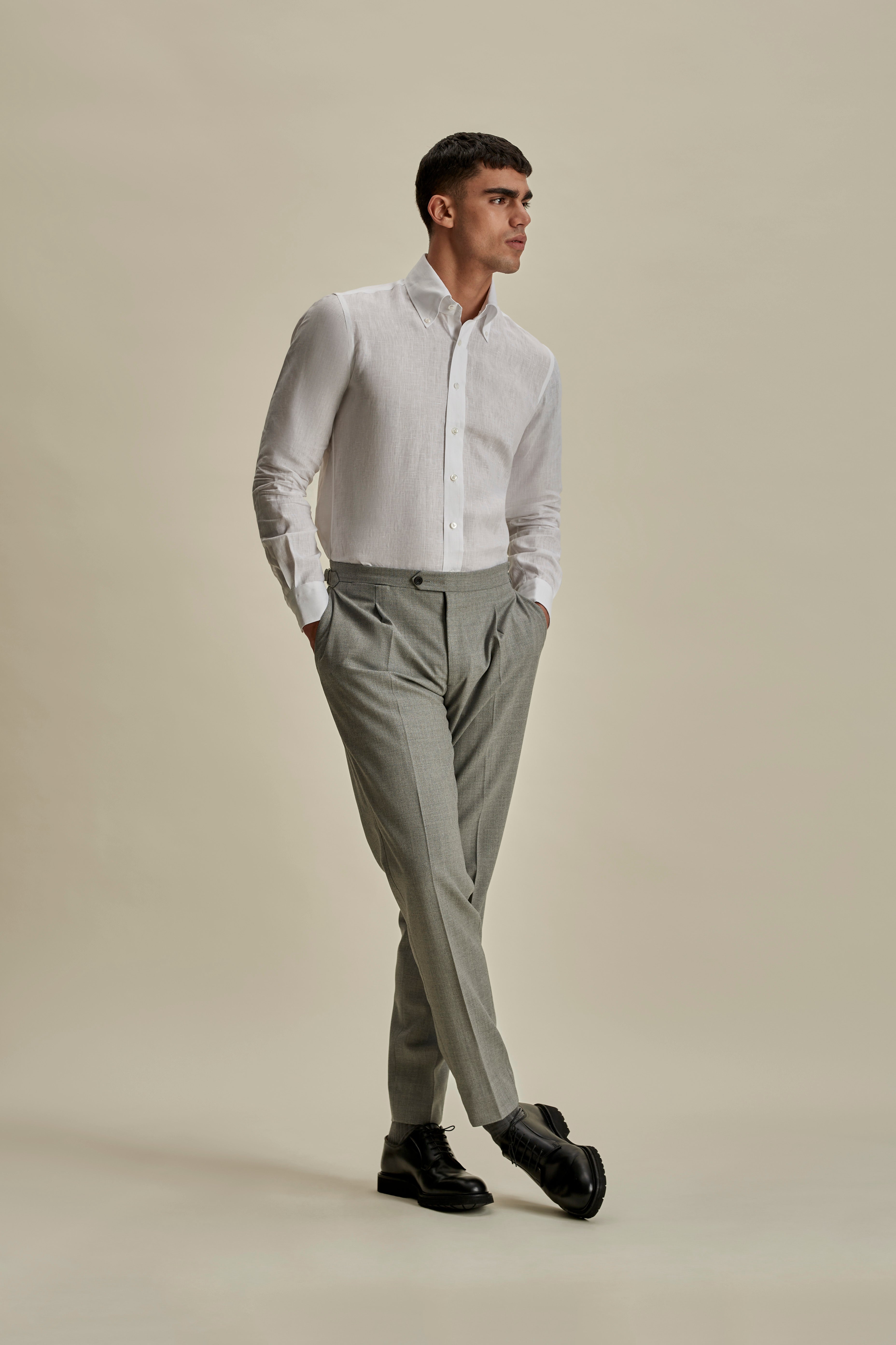 Linen Button Down Collar Shirt White Full Length Model Image