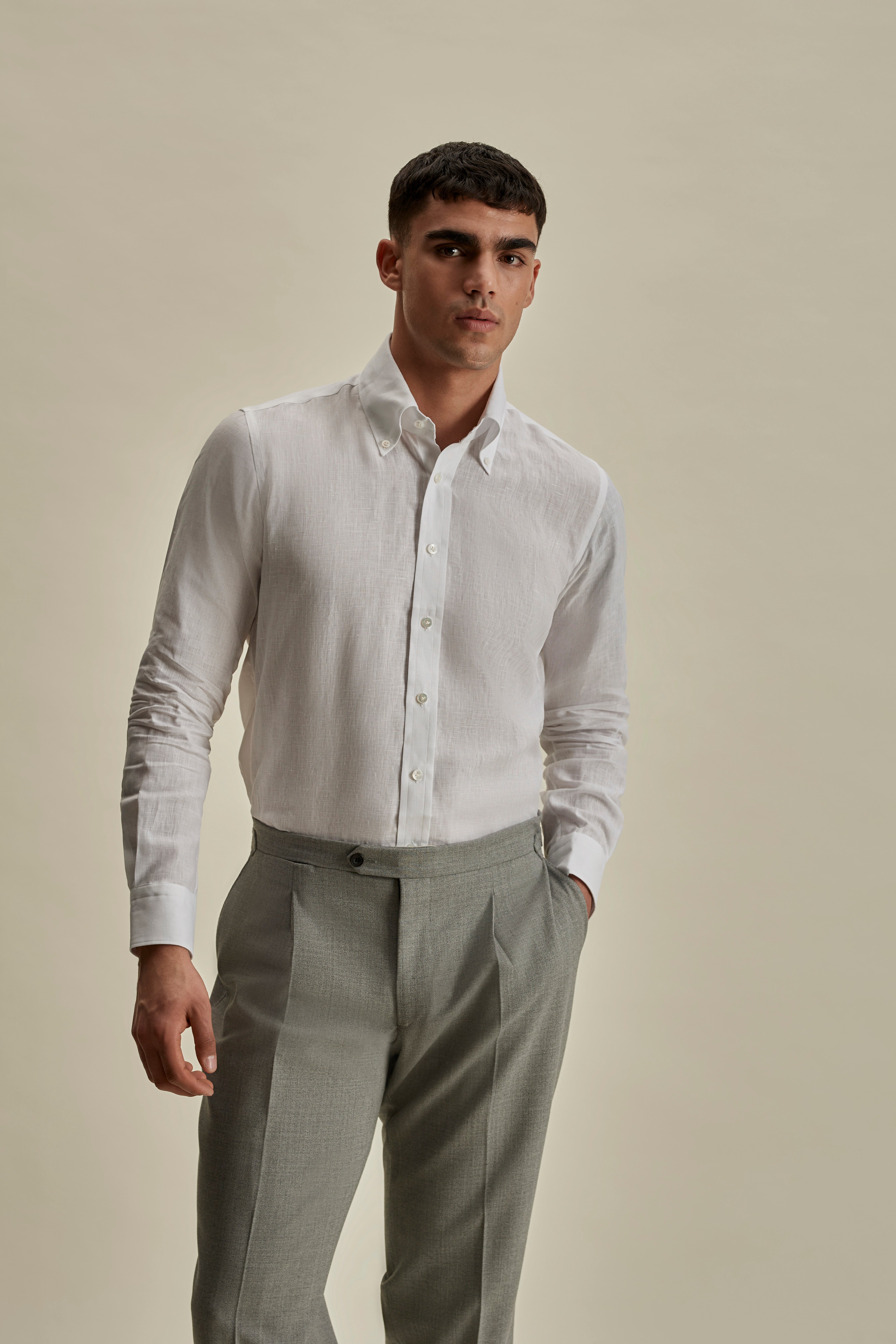 Linen Button Down Collar Shirt White Mid Crop Model Image