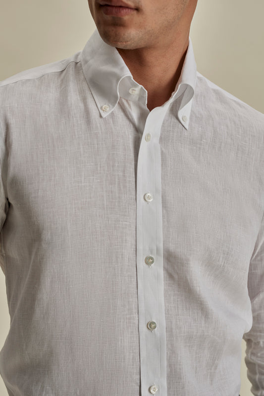 Linen Button Down Collar Shirt White Detail Model Image