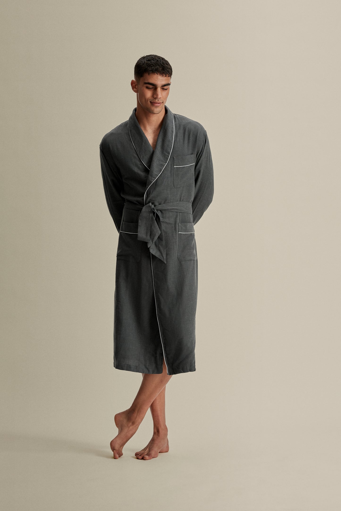 Brushed Cotton Dressing Gown Grey Full Length Image