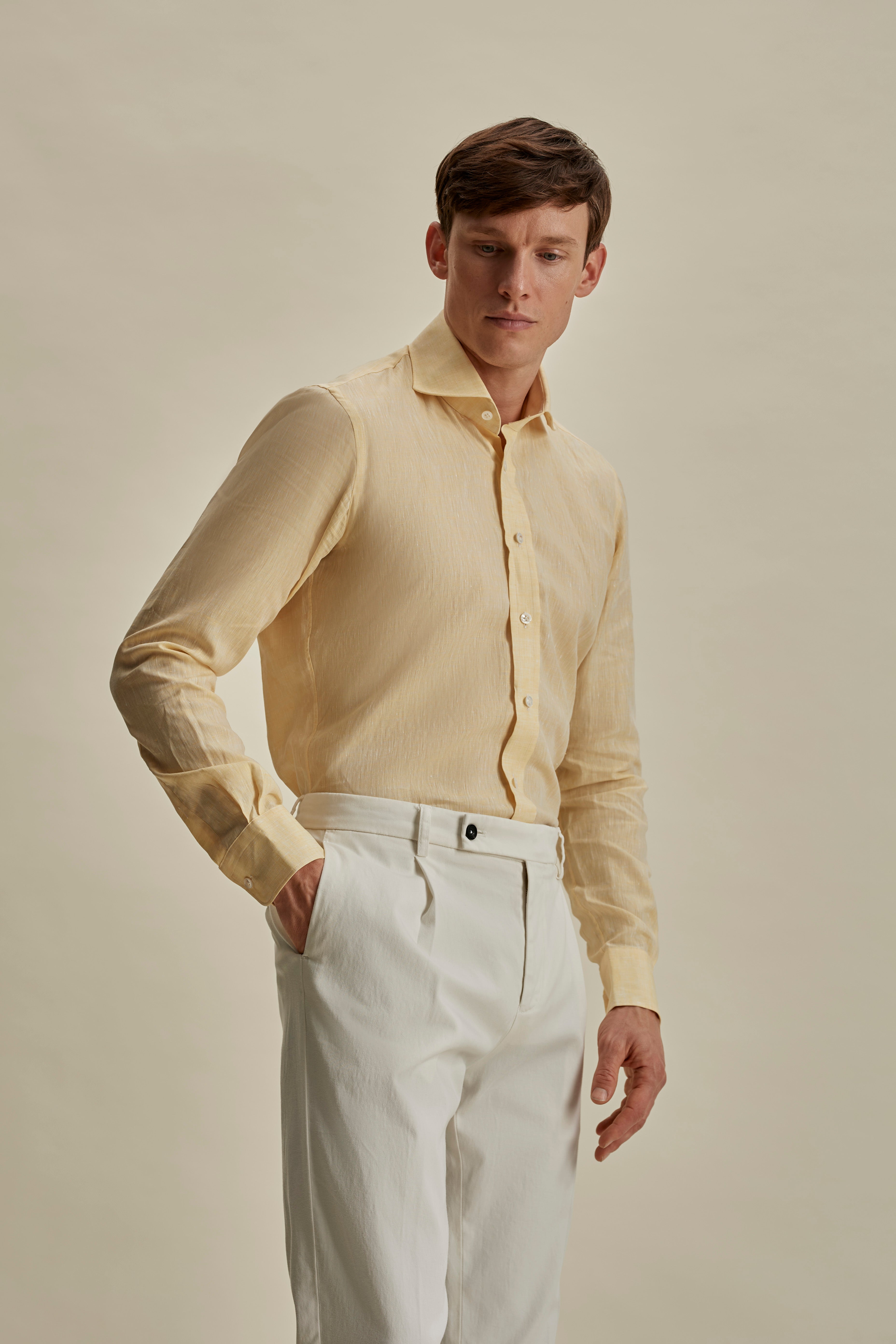 Linen Cutaway Collar Shirt Yellow Mid Crop Model Image