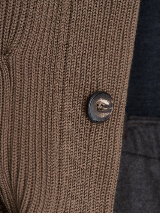 Merino Wool Single Breasted Shawl Cardigan Taupe Detail Model Image