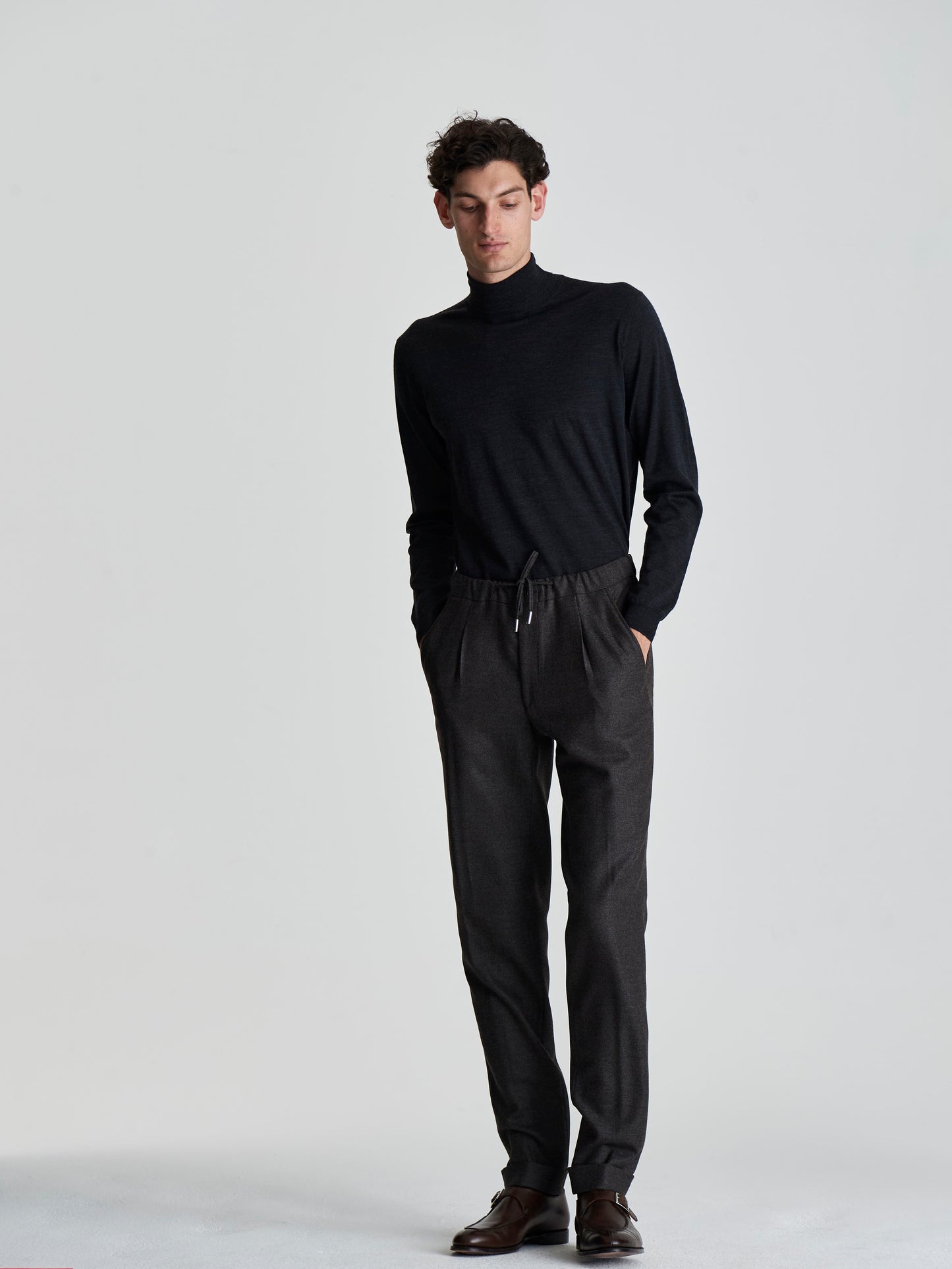 Merino Wool Extrafine Roll Neck Sweater Grey Full Length Model Imagery