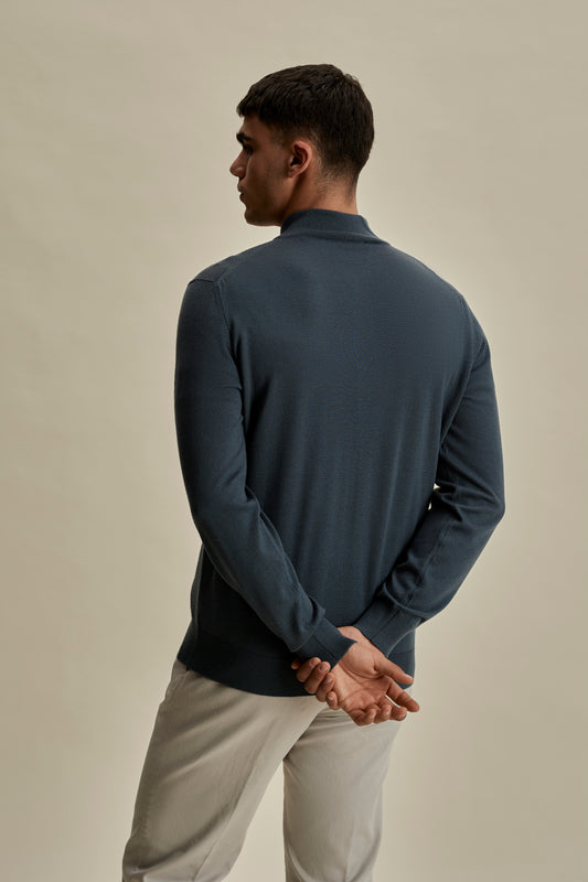 Merino Wool Zip-Through Mock Neck Knit Slate Blue Back Model Image