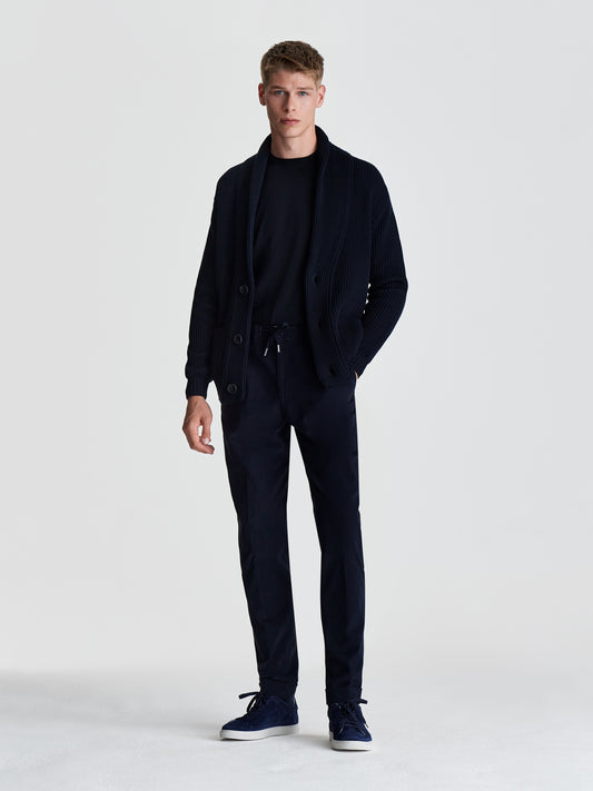 Merino Wool Single Breasted Shawl Cardigan Navy Full Length Model Image