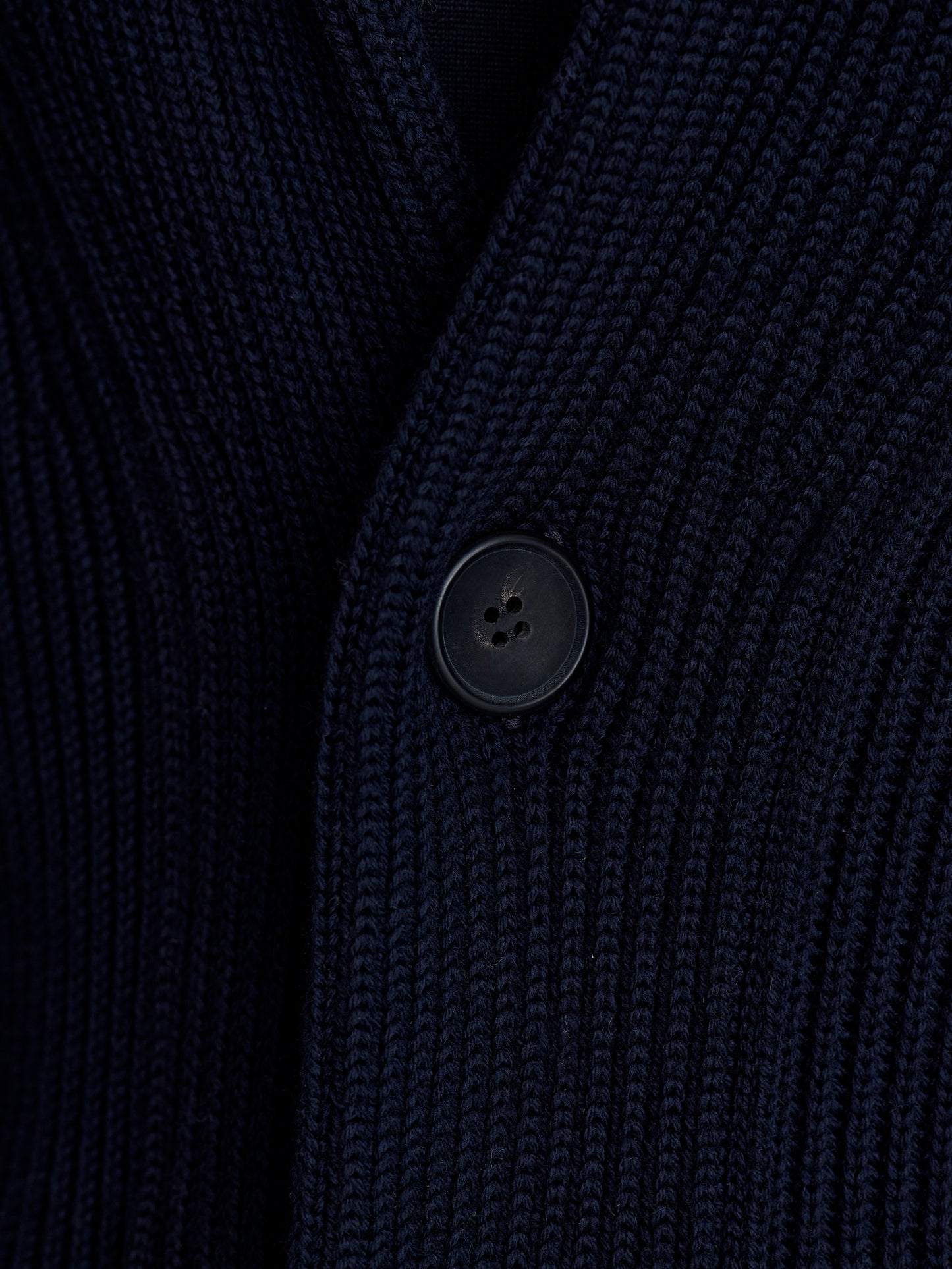 Merino Wool Single Breasted Shawl Cardigan Navy Detail Model Image