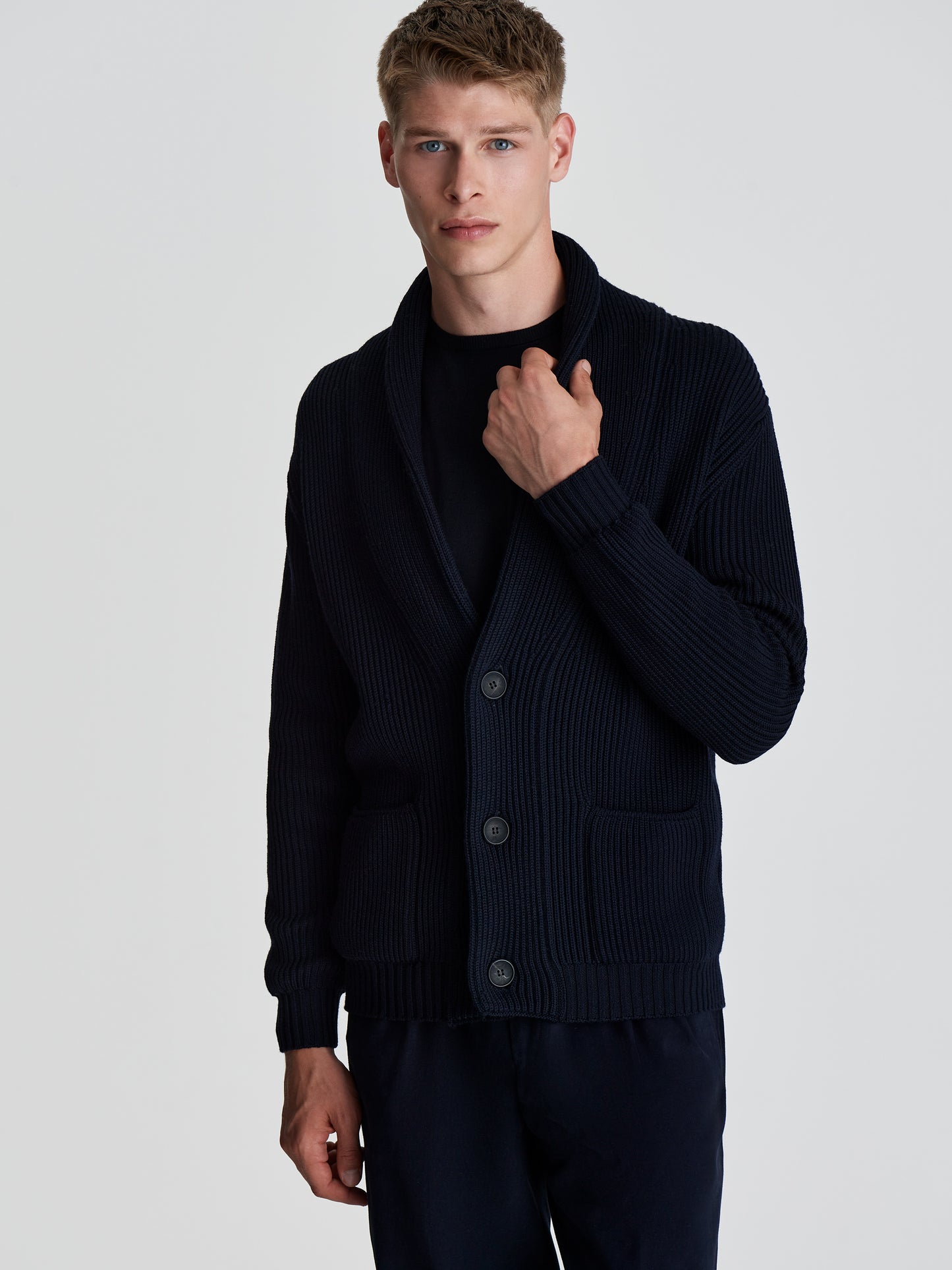 Merino Wool Single Breasted Shawl Cardigan Navy Cropped Model Image