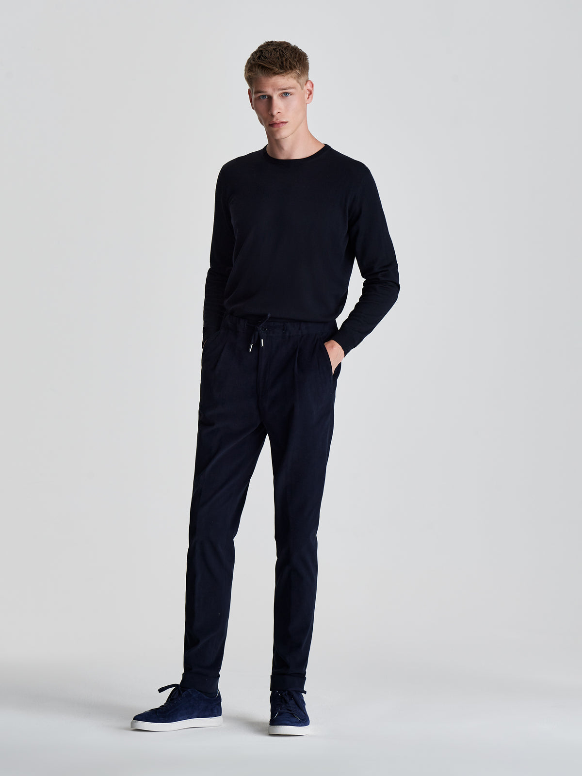 Brushed Cotton Casual Tailored Trousers Navy Model Image