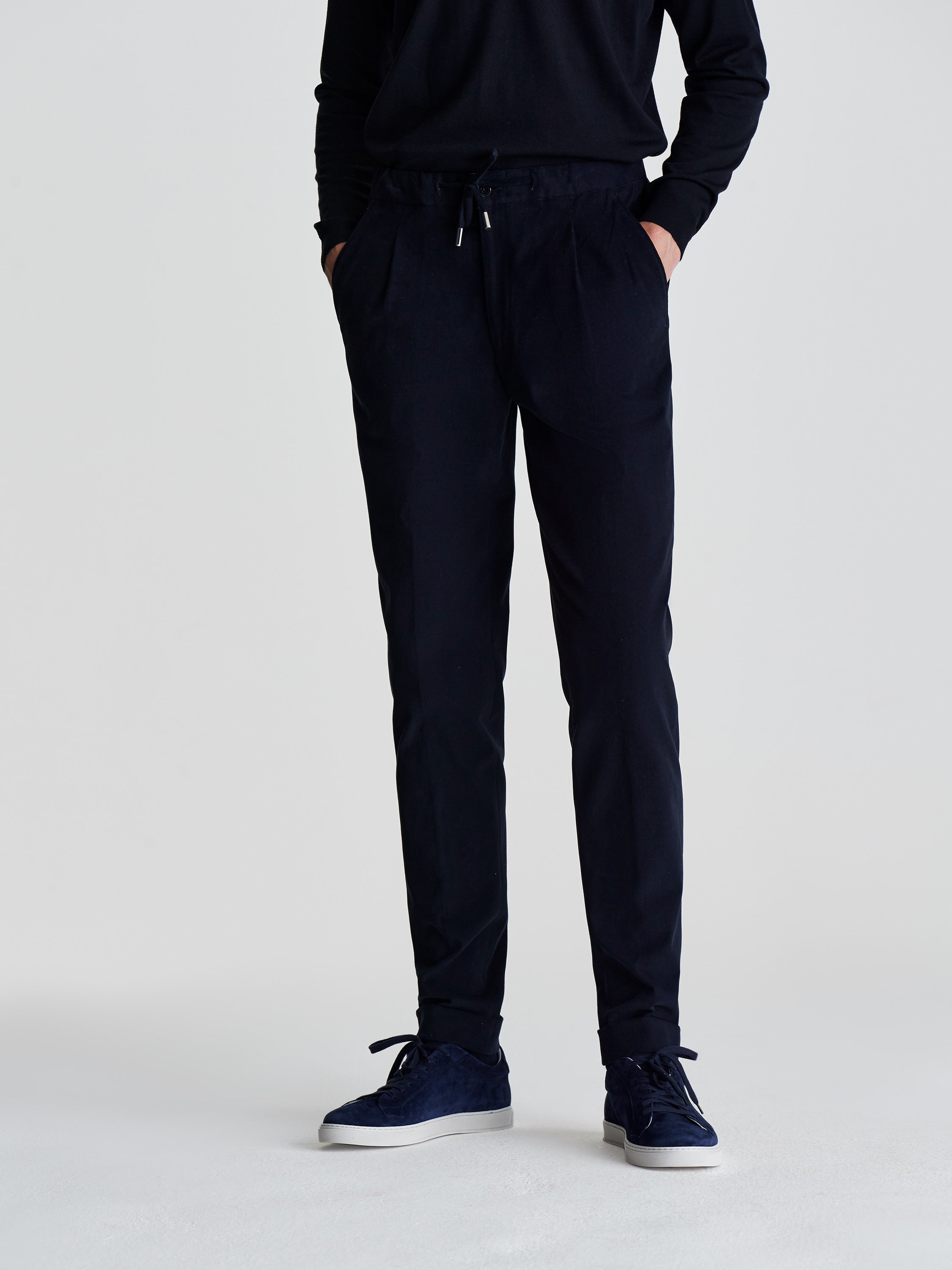 Brushed Cotton Casual Tailored Trousers Navy Model Cropped Image
