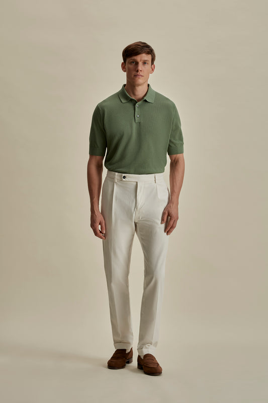 Cotton Air Crepe Polo Shirt Sage Full Length Model Image
