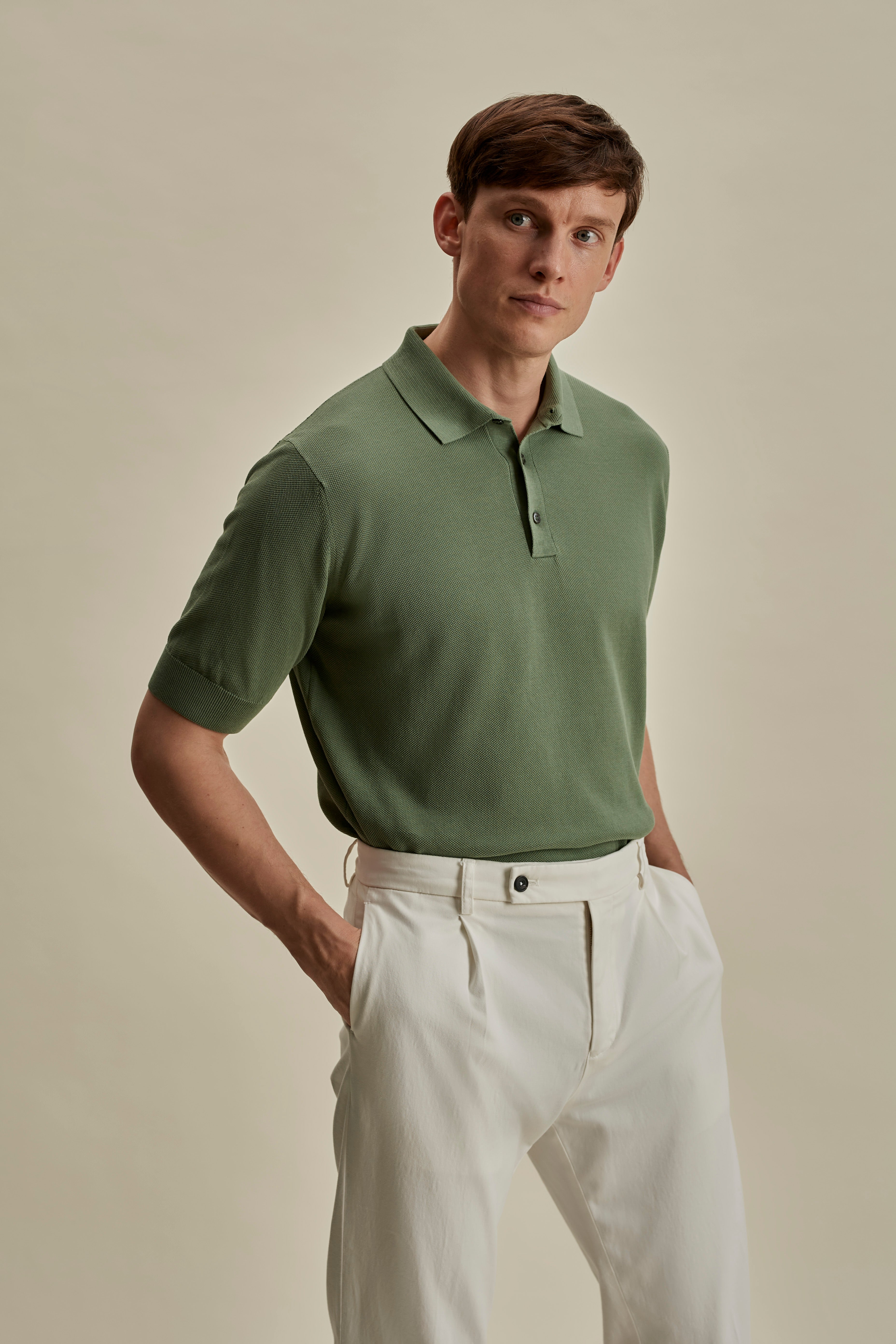 Cotton Air Crepe Polo Shirt Sage Mid Crop Model Image