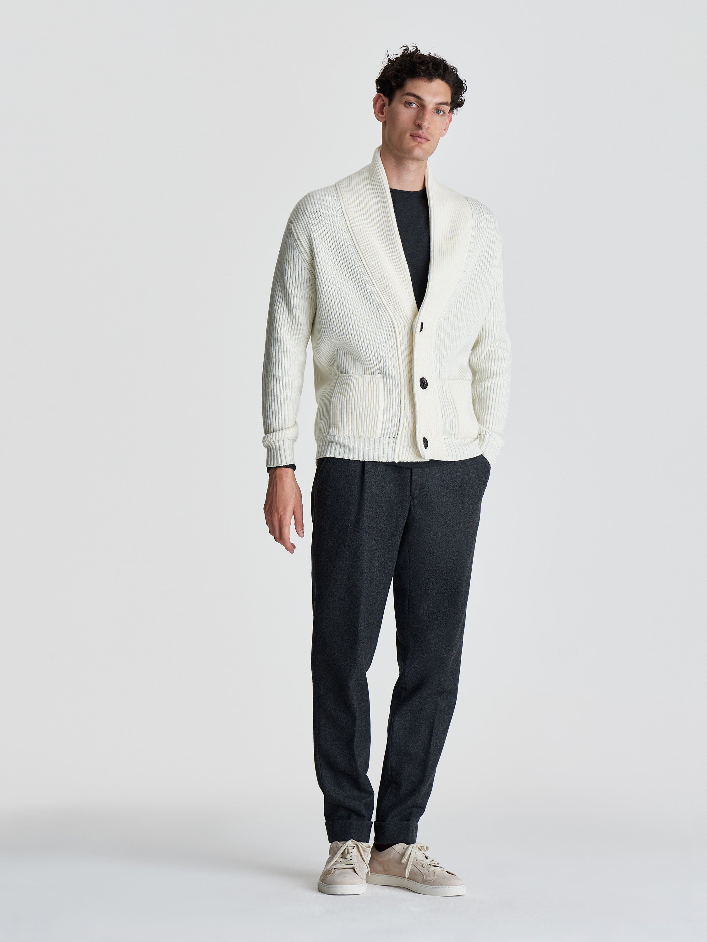 Merino Wool Single Breasted Shawl Cardigan Off White Full Length Model Image