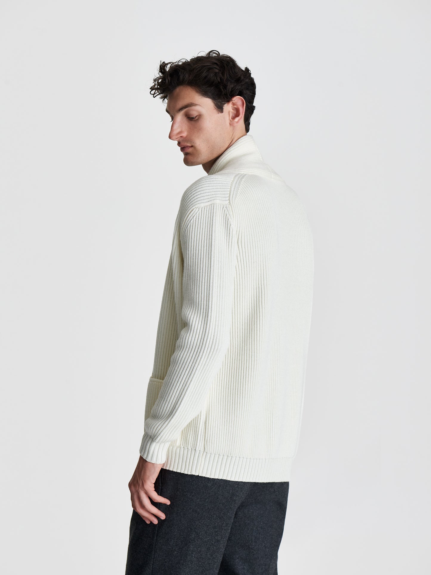 Merino Wool Single Breasted Shawl Cardigan Off White Cropped Model Image