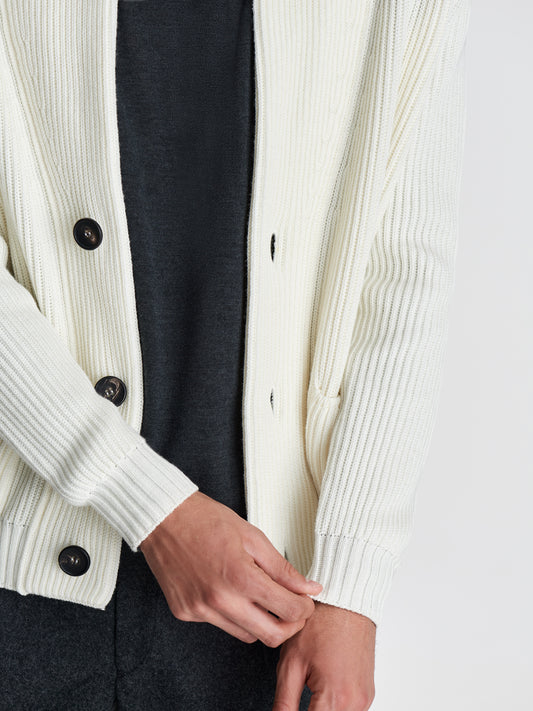 Merino Wool Single Breasted Shawl Cardigan Off White Detail Model Image