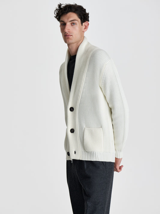 Merino Wool Single Breasted Shawl Cardigan Off White Cropped Model Image