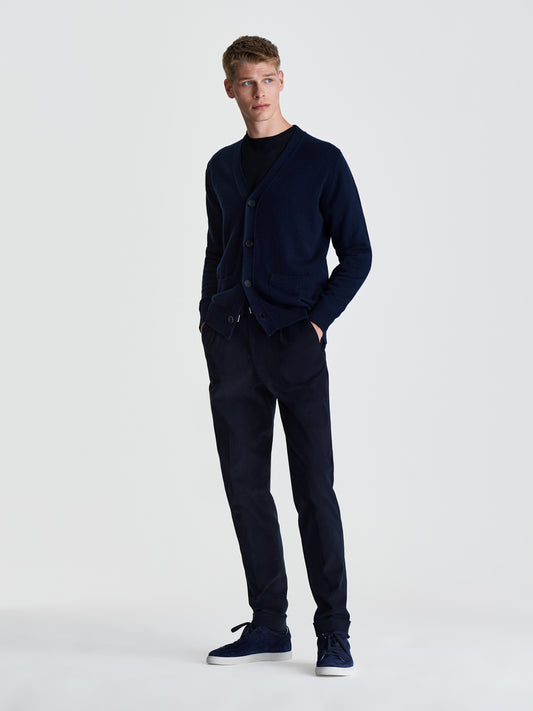 Wool Cashmere Lightweight Cardigan Navy Full Length Model Image