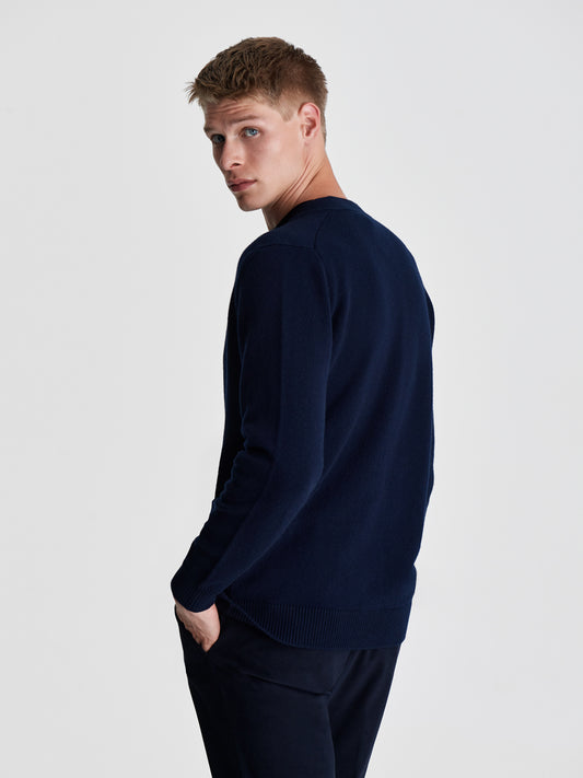 Wool Cashmere Lightweight Cardigan Navy Cropped Model Image