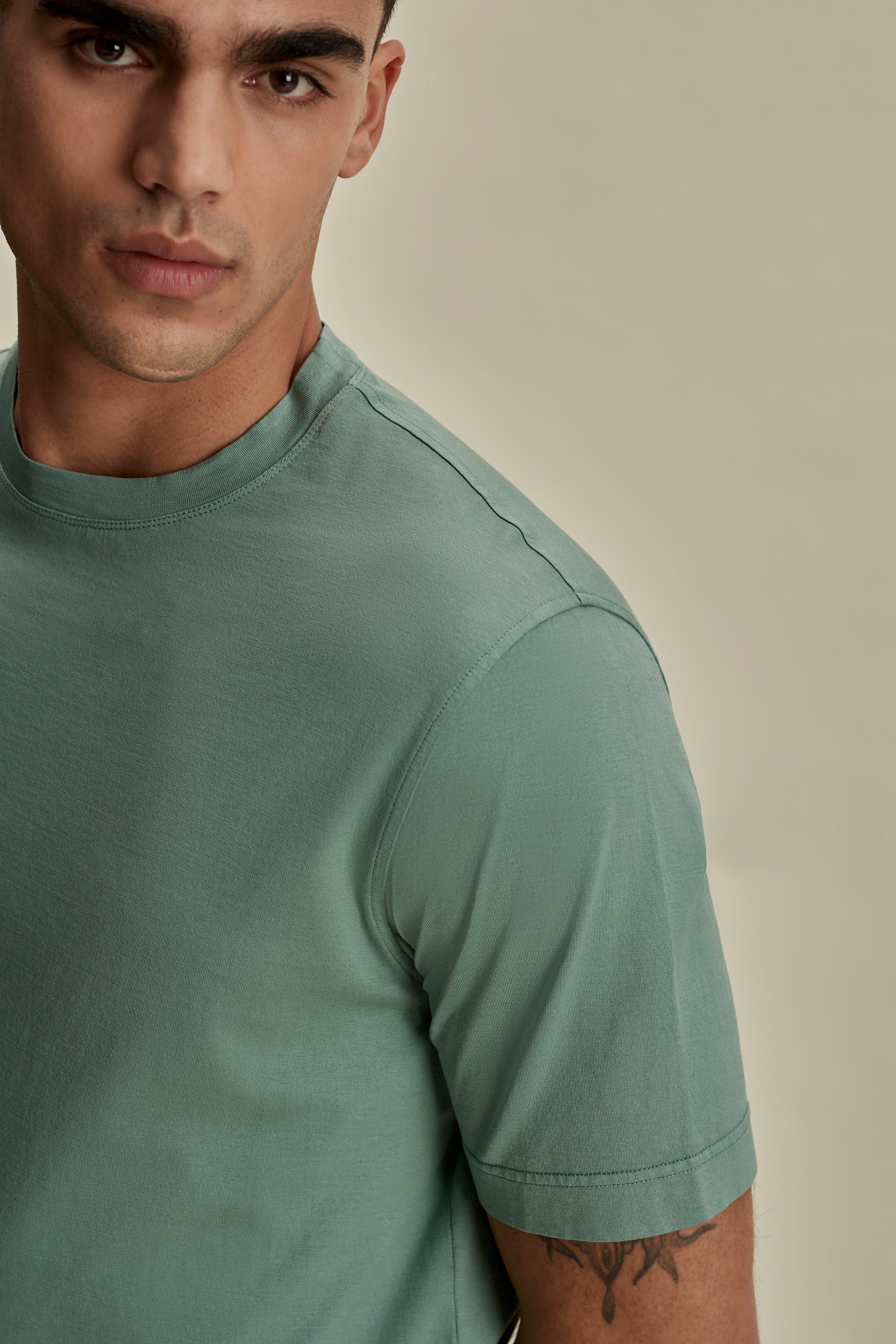 Lightweight Cotton Classic T-Shirt Sage Detail Model Image