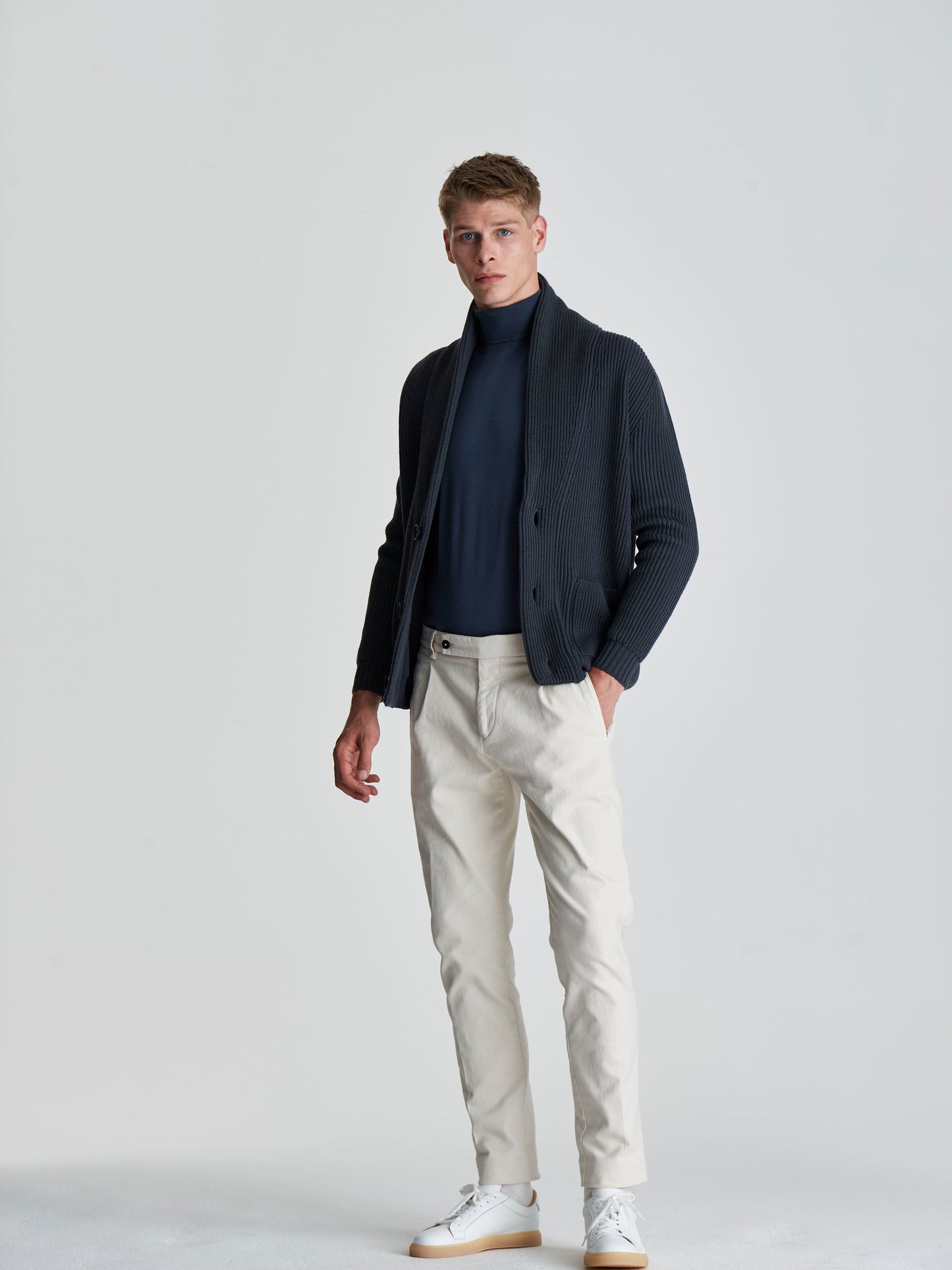 Merino Wool Single Breasted Shawl Cardigan Steel Full Length Model Image
