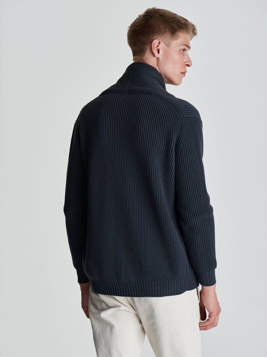 Merino Wool Single Breasted Shawl Cardigan Steel Cropped Model Image
