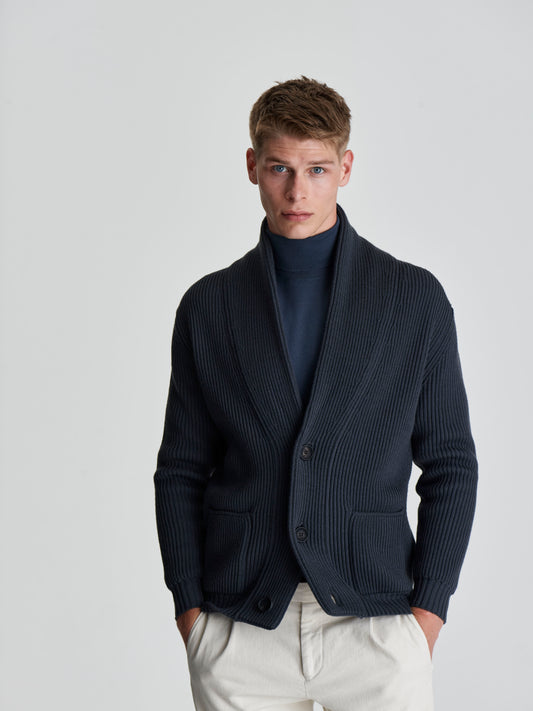 Merino Wool Single Breasted Shawl Cardigan Steel Cropped Model Image