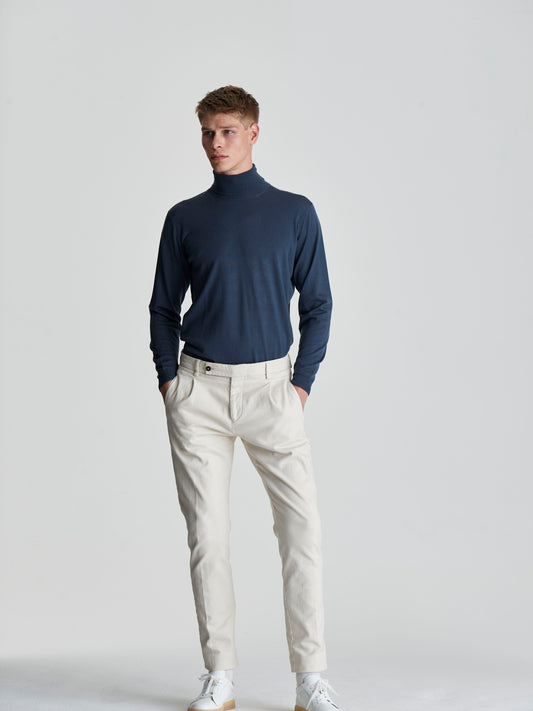 Merino Wool Extrafine Roll neck Sweater Slate Blue Full Length Model Image