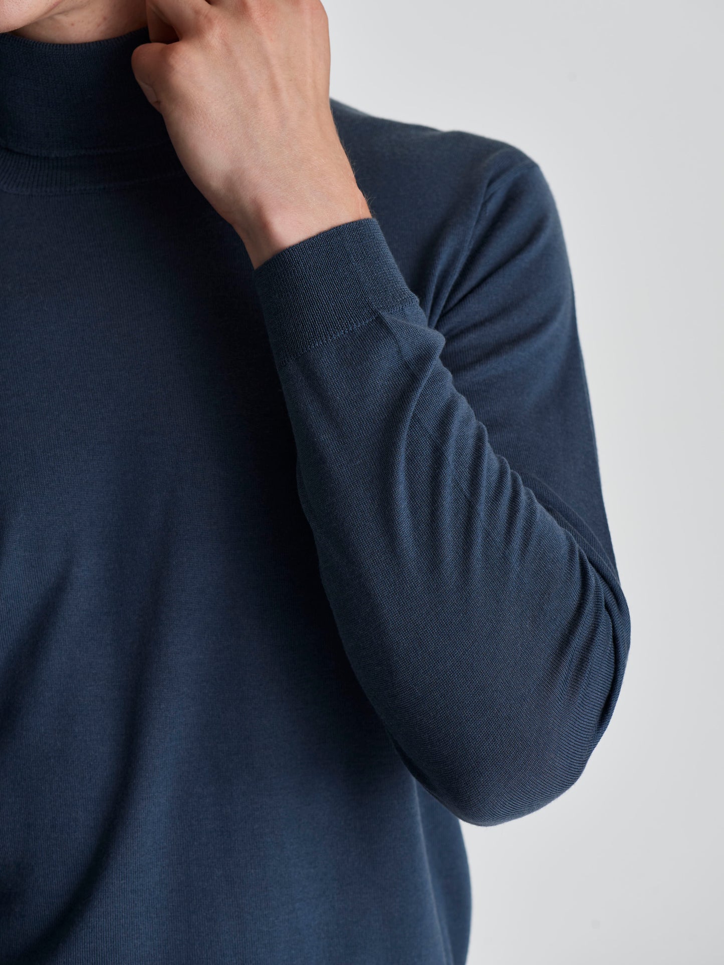 Merino Wool Extrafine Roll Neck Sweater Slate Blue Detail Model Image