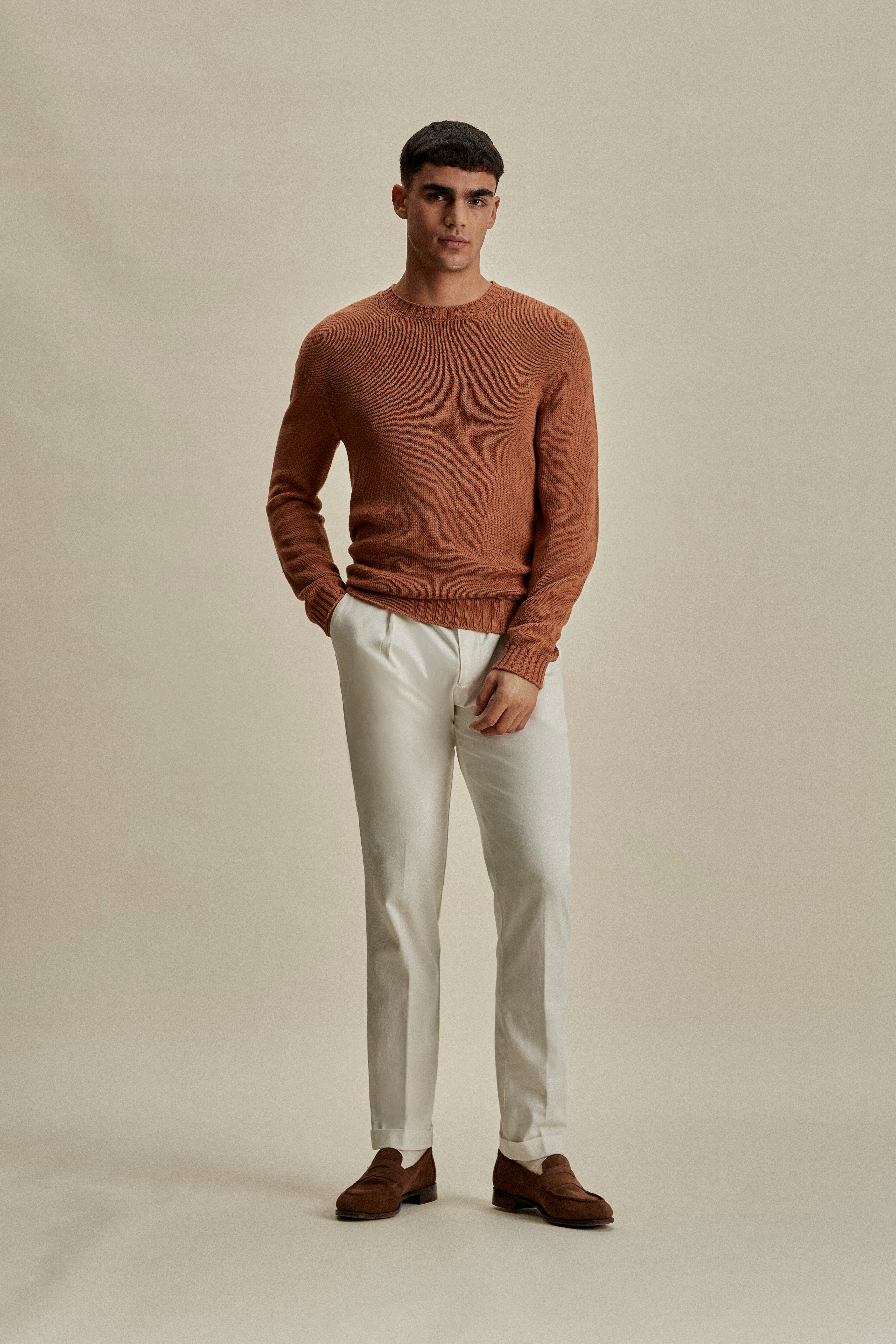 Bourette Silk Wide Gauge Crew Neck Sweater Terracotta Full Length Model Image