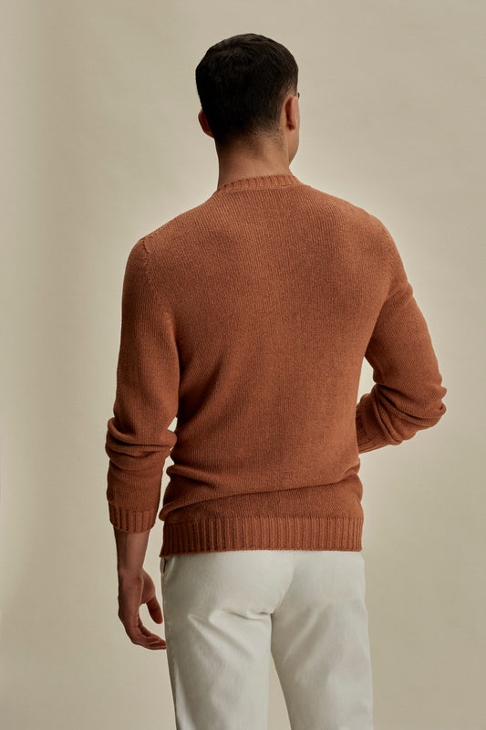 Bourette Silk Wide Gauge Crew Neck Sweater Terracotta Mid Crop Back Model Image