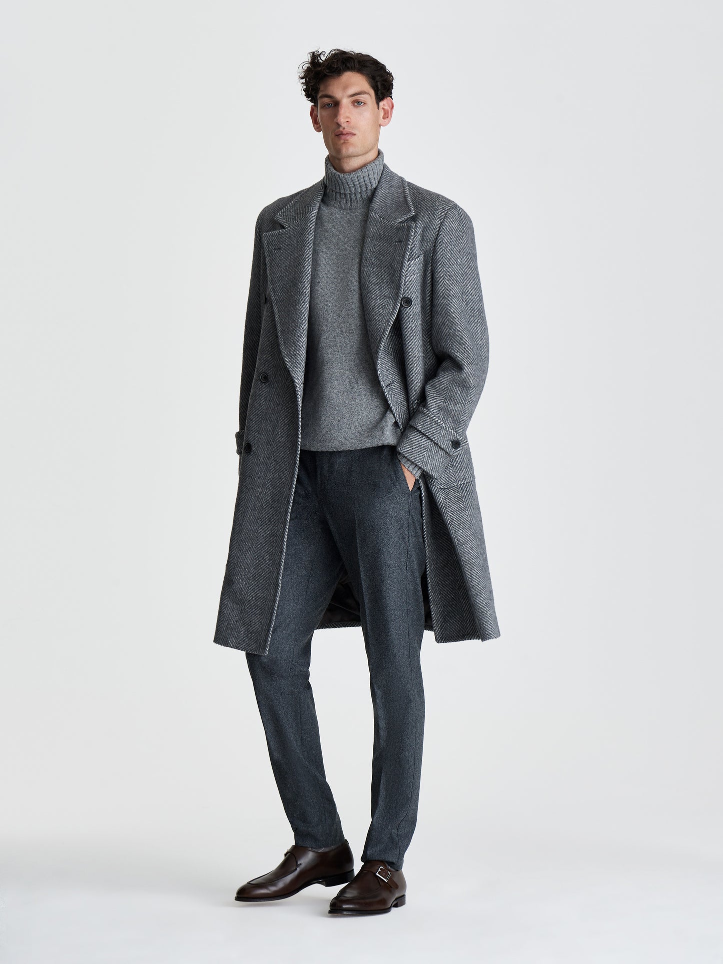 Wool Unstructured Double Breasted Overcoat Grey Twill Full Length Model Image