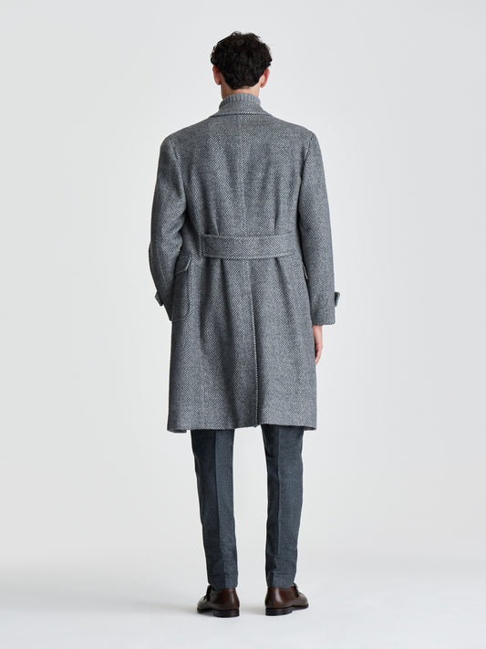 Wool Unstructured Double Breasted Overcoat Grey Twill Full Length Back Model Image