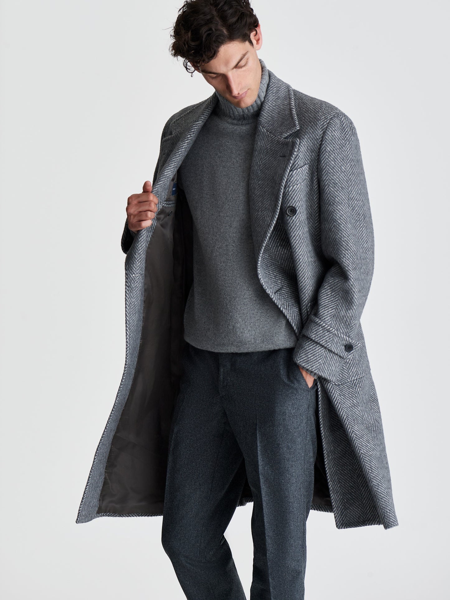 Wool Unstructured Double Breasted Overcoat Grey Twill Cropped Model Image