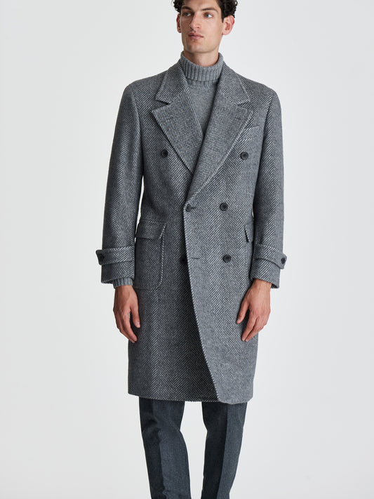 Wool Unstructured Double Breasted Overcoat Grey Twill Cropped Model Image