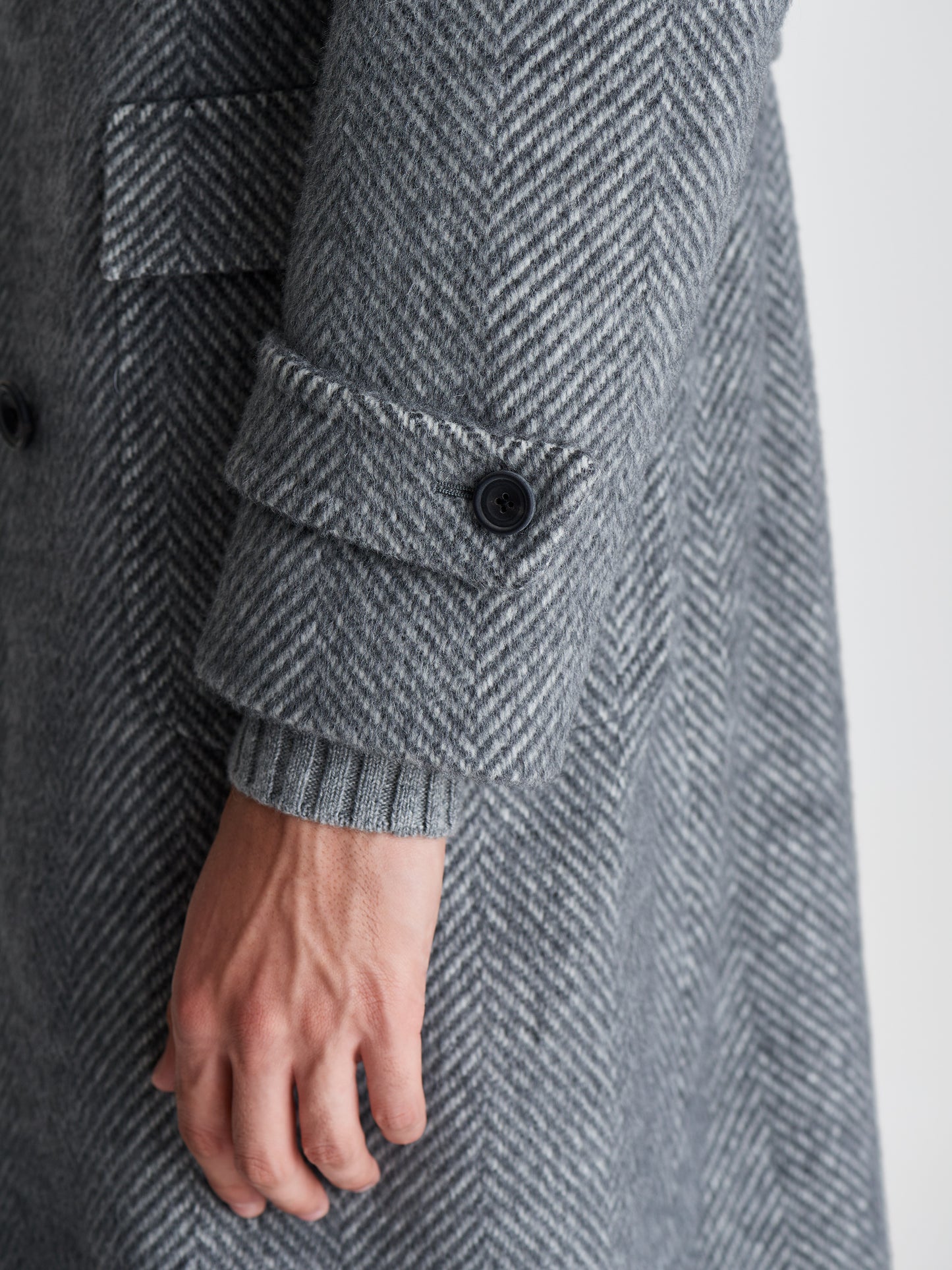 Wool Unstructured Double Breasted Overcoat Grey Twill Detail Model Image