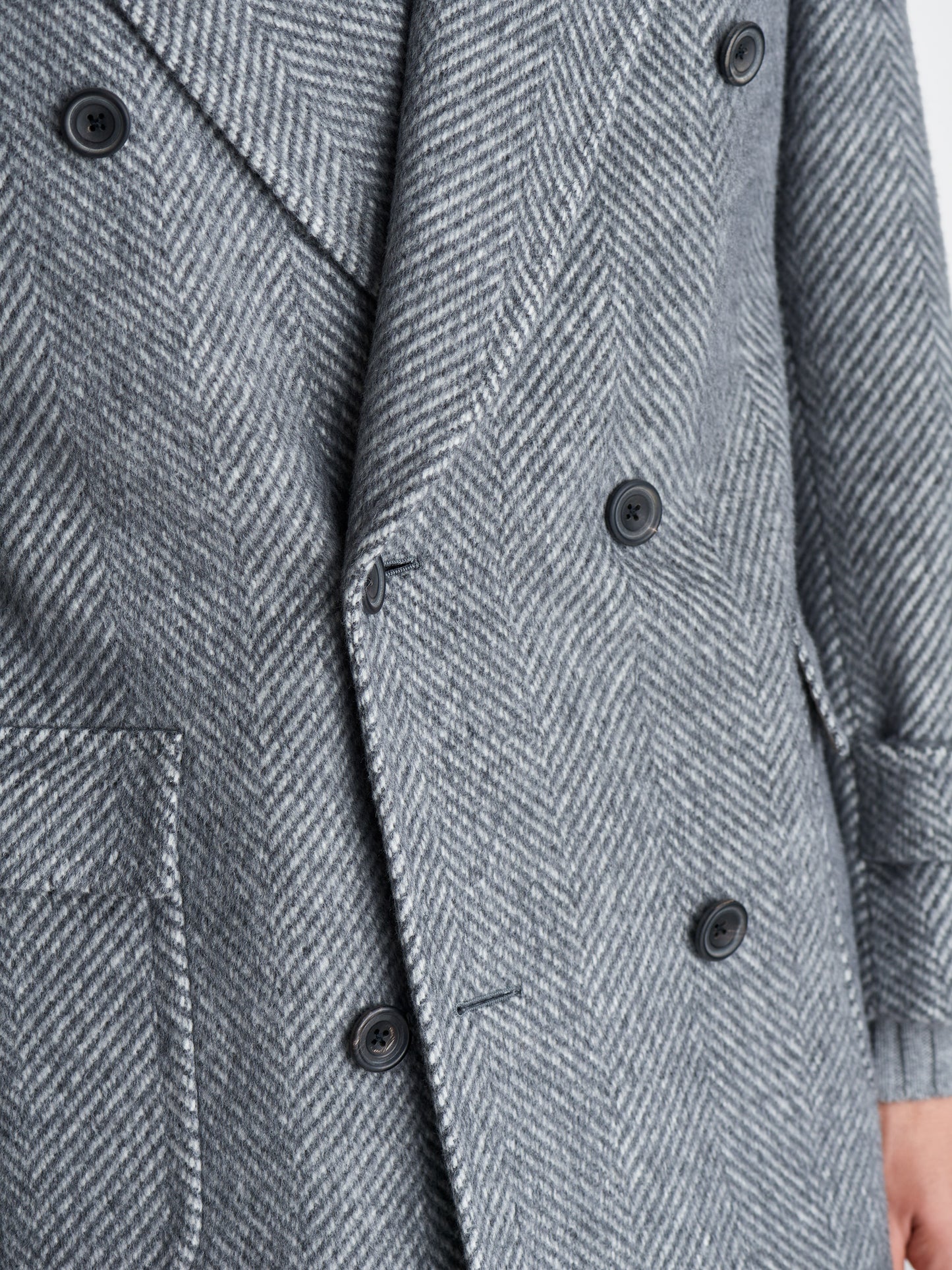 Wool Unstructured Double Breasted Overcoat Grey Twill Detail Model Image