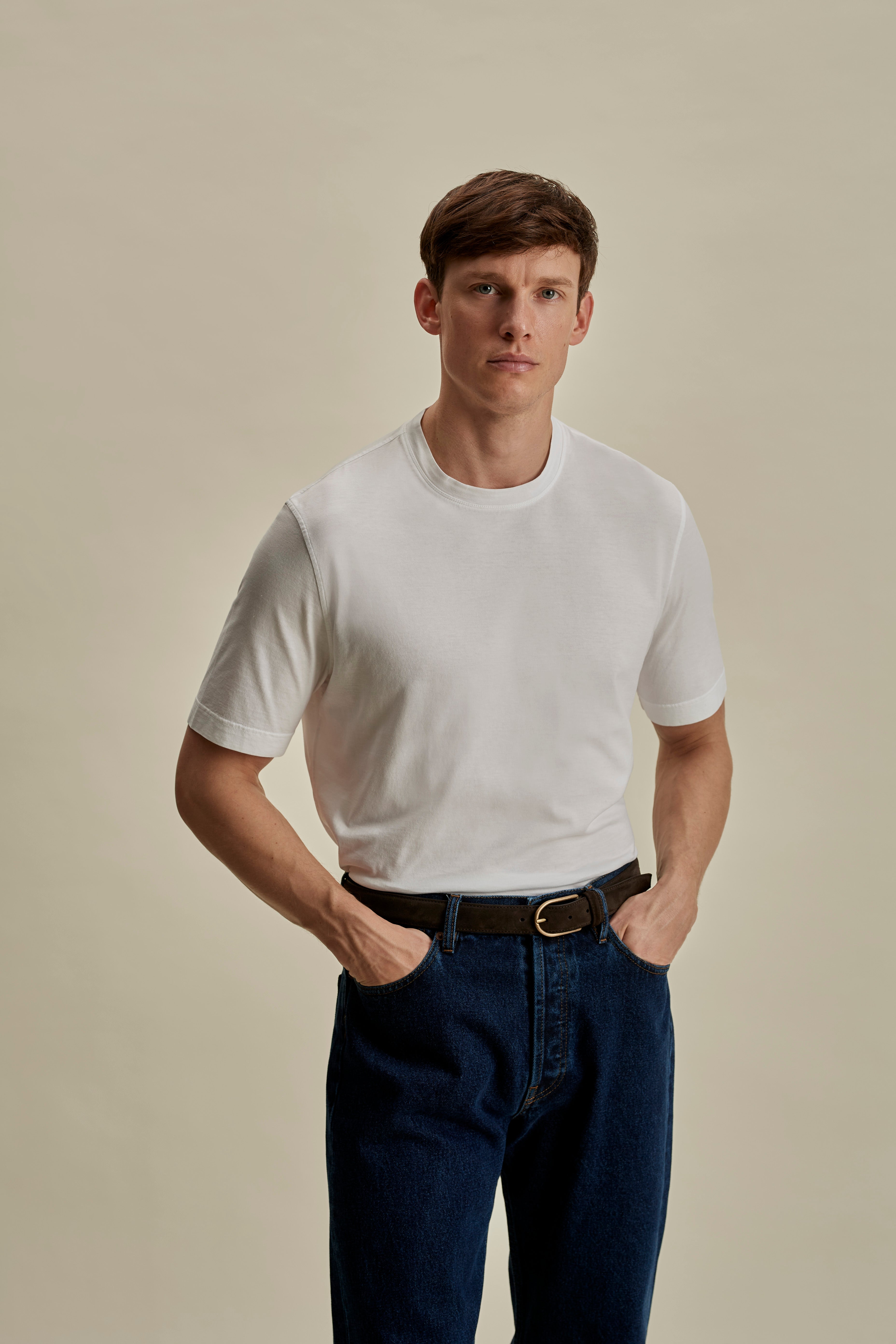 Lightweight Cotton Classic T-Shirt White Mid Crop Model Image