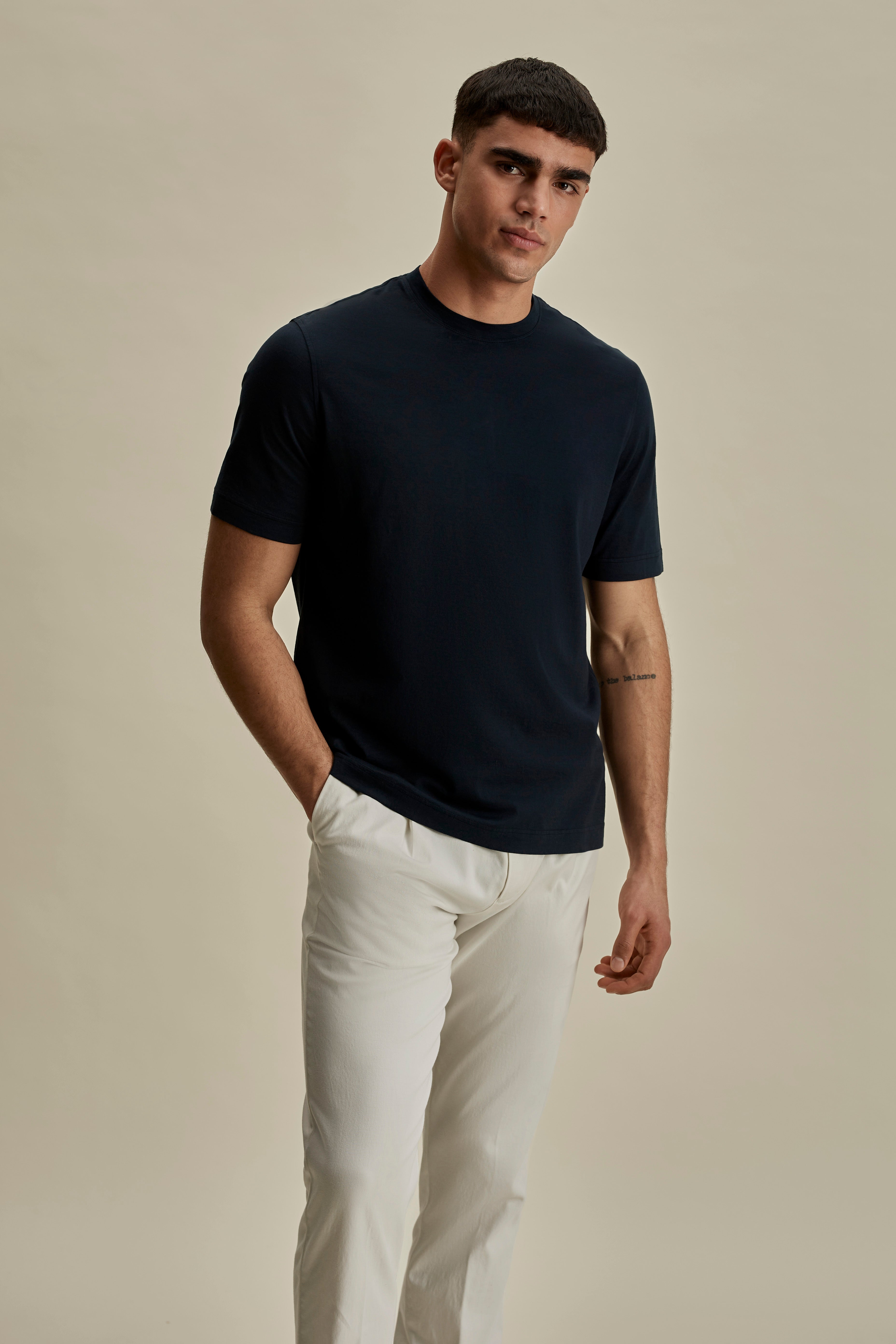 Lightweight Cotton Classic T-Shirt Navy Mid Crop Model Image