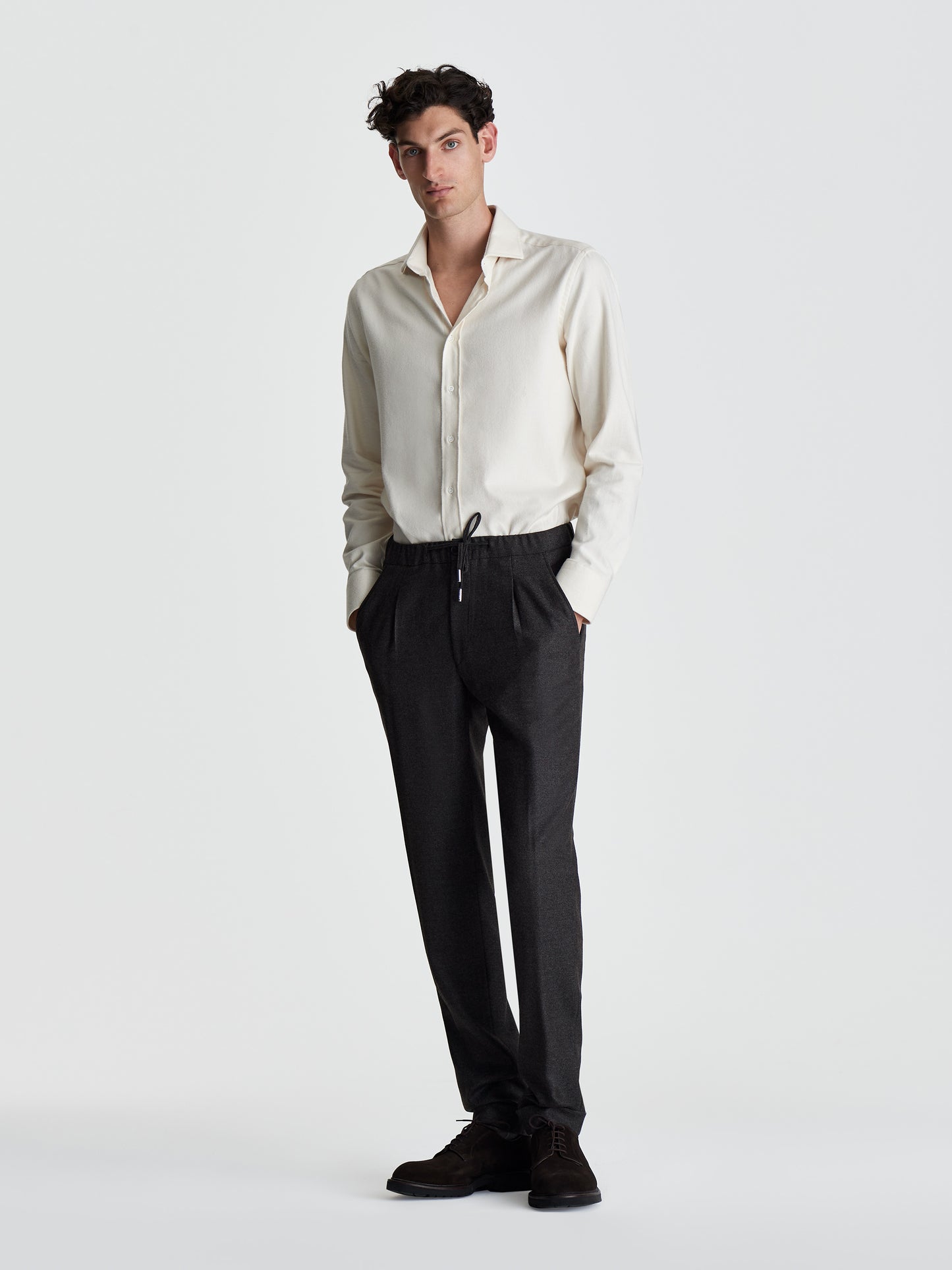 Flannel Cutaway Collar Shirt Oat Full Length Model Image