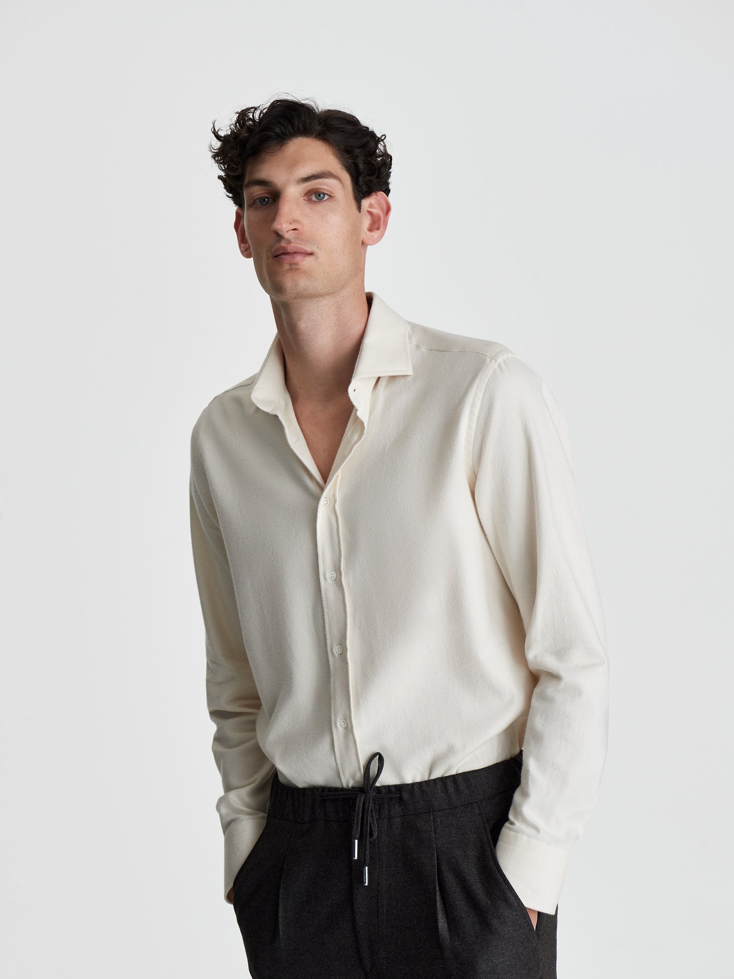 Flannel Cutaway Collar Shirt Oat Cropped Model Image