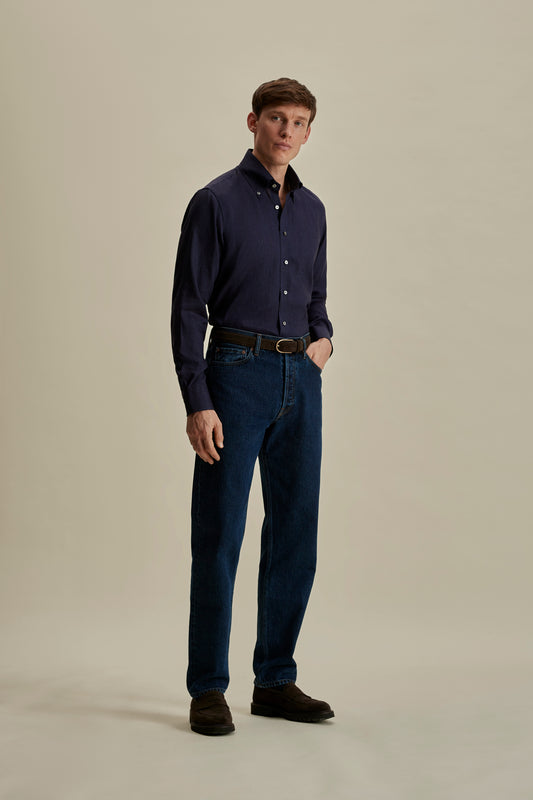 Linen Button Down Collar Shirt Navy Full Length Model Image